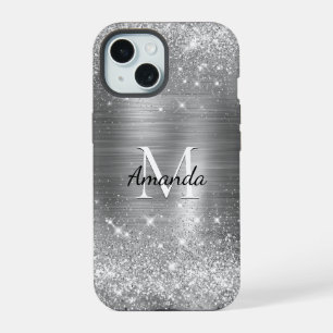 Cute brushed metal silver faux glitter monogram iPhone 15 case