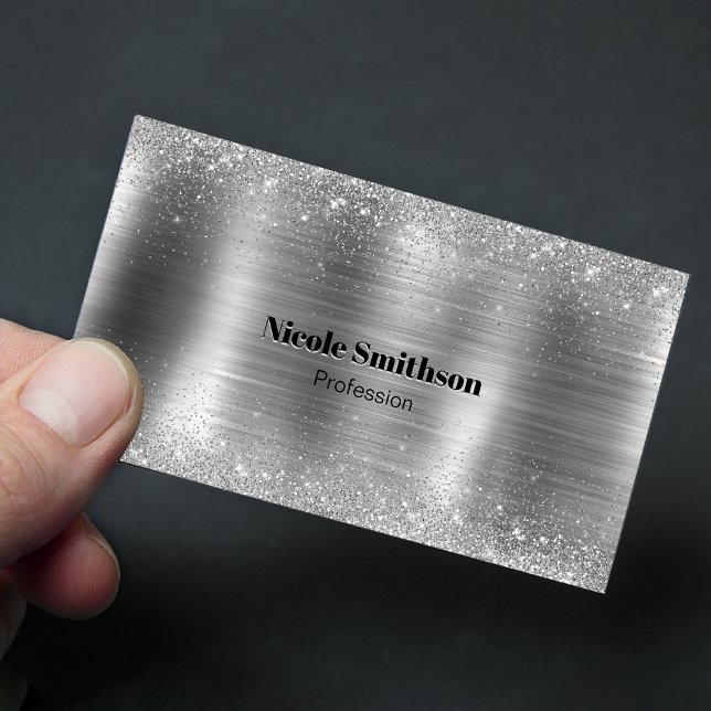 Cute brushed metal silver faux glitter monogram magnetic business card (Creator Uploaded)