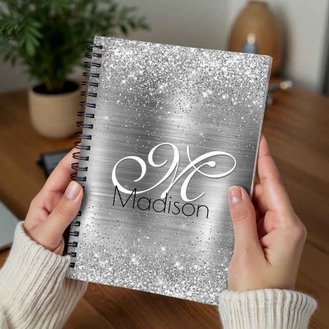 Cute brushed metal silver faux glitter monogram planner (Creator Uploaded)
