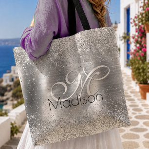Cute brushed metal silver faux glitter monogram tote bag