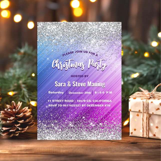 Cute brushed purple faux silver glitter Christmas  Invitation (Creator Uploaded)