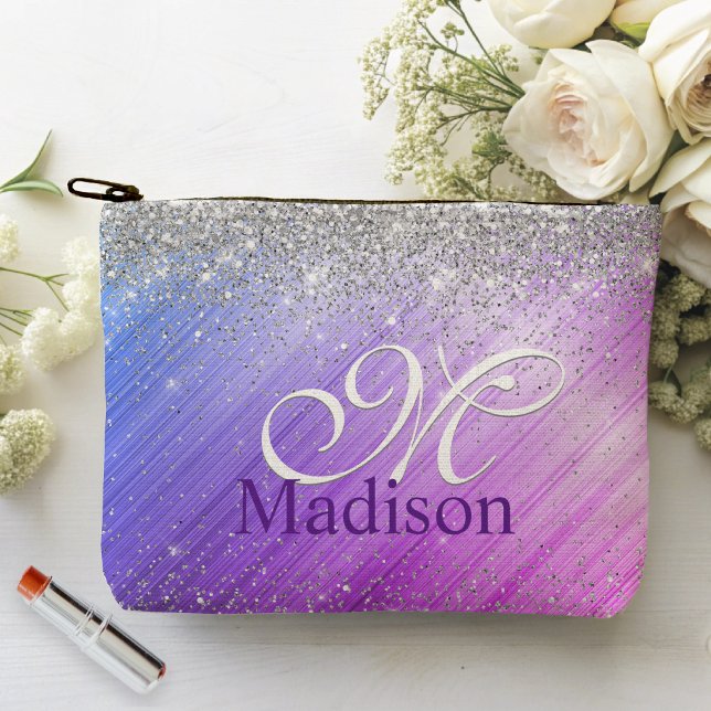Cute brushed purple faux silver glitter monogram accessory pouch (Creator Uploaded)