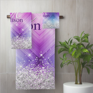 Cute brushed purple faux silver glitter monogram bath towel set