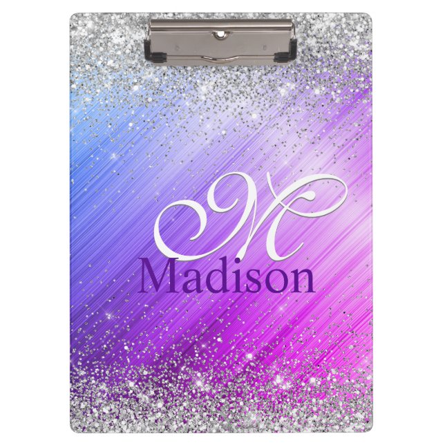 Cute brushed purple faux silver glitter monogram clipboard (Front)