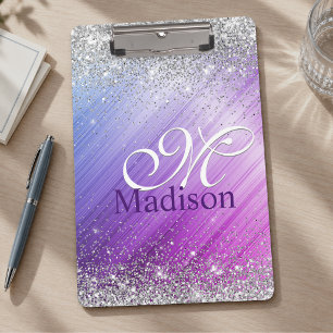 Cute brushed purple faux silver glitter monogram clipboard