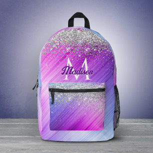 Cute brushed purple faux silver glitter monogram printed backpack