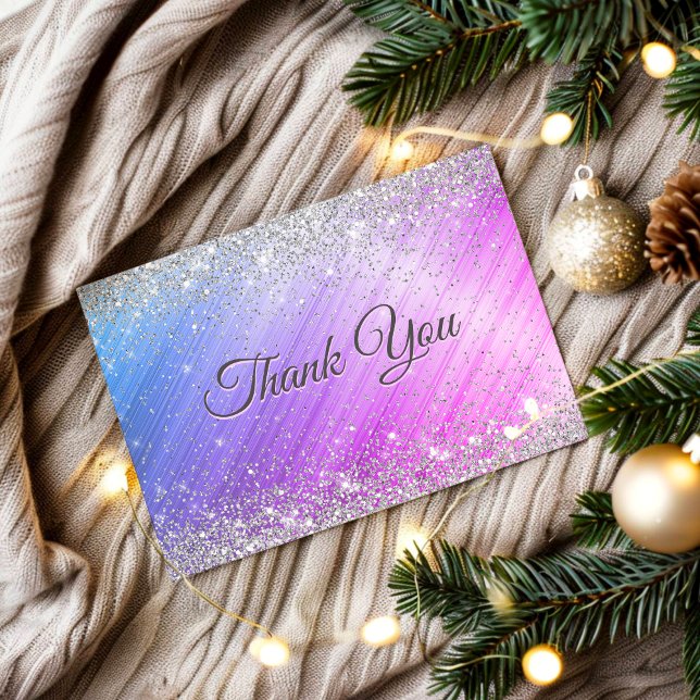 Cute brushed purple faux silver glitter thank you card (Creator Uploaded)