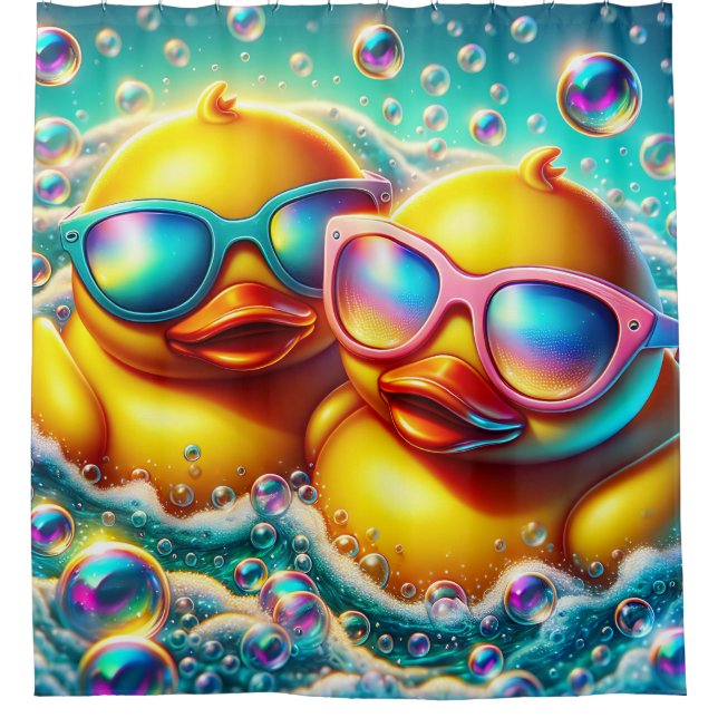 "Cute Bubble Bath Rubber Ducklings" Shower Curtain (Front)