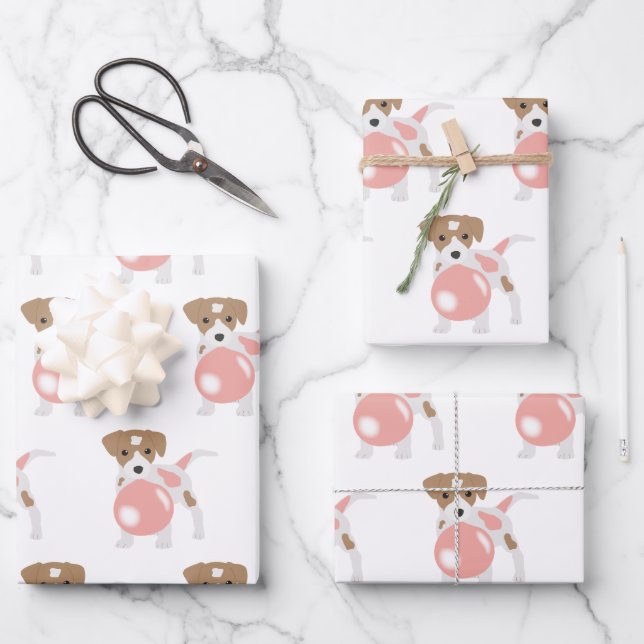 Cute Bubble Gum Dog Puppy Blowing Bubble Wrapping Paper Sheet (Front)