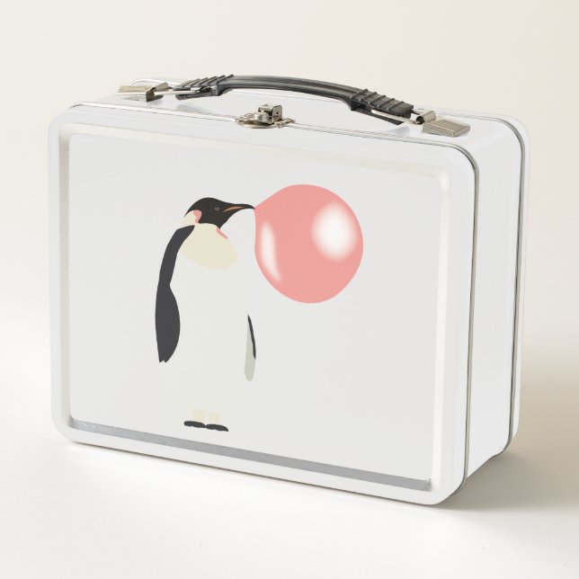 Cute Bubble Gum Penguin Blowing Bubble  Metal Lunch Box (Front)