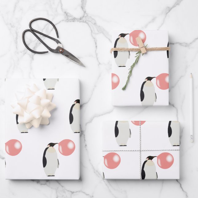 Cute Bubble Gum Penguin Blowing Bubble Wrapping Paper Sheet (Front)