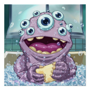 Cute Bubble Monster Poster Wall Art Kids Bathtime