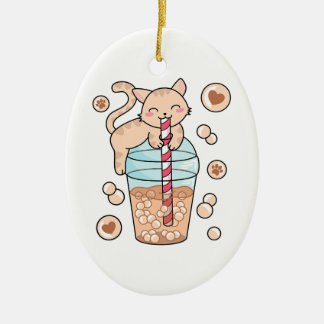 Cute Bubble Tea Cat Japanese Anime Pet Lover Ceramic Tree Decoration