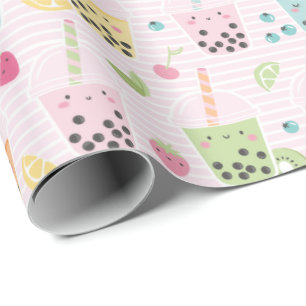 Cute Bubble Tea on light pink and white stripe Wrapping Paper