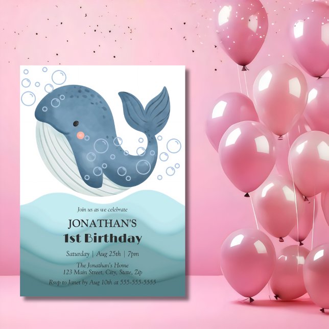 Cute Bubble Whale Ocean Wave Birthday  Invitation (Creator Uploaded)