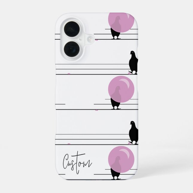 Cute Bubblegum Birds on a Wire Pattern with Name iPhone 16 Case (Back)