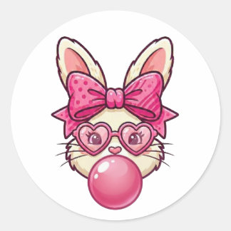 Cute Bubblegum Bunny with Heart Glasses Classic Round Sticker