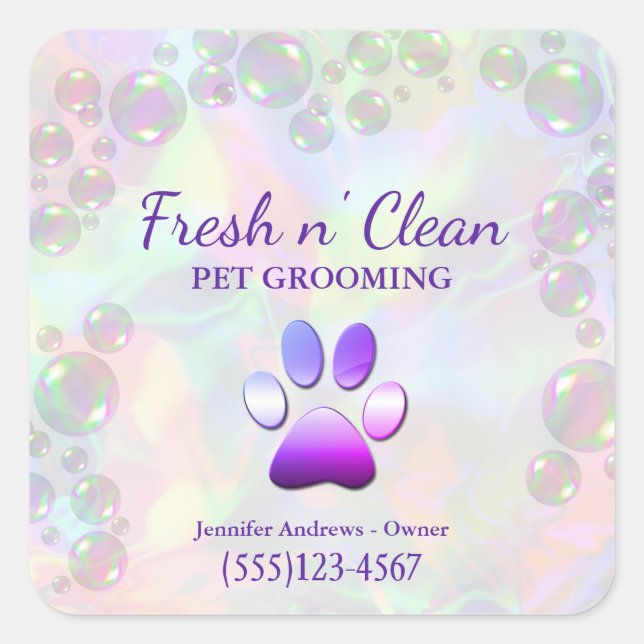 Cute Bubbles Incandescent Dog Paw Grooming Service Square Sticker (Front)
