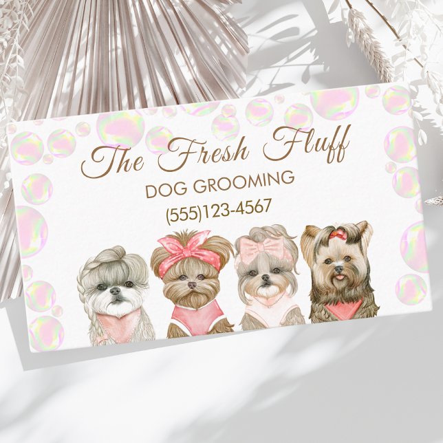 Cute Bubbles & Watercolor Dogs Grooming Service Business Card (Creator Uploaded)