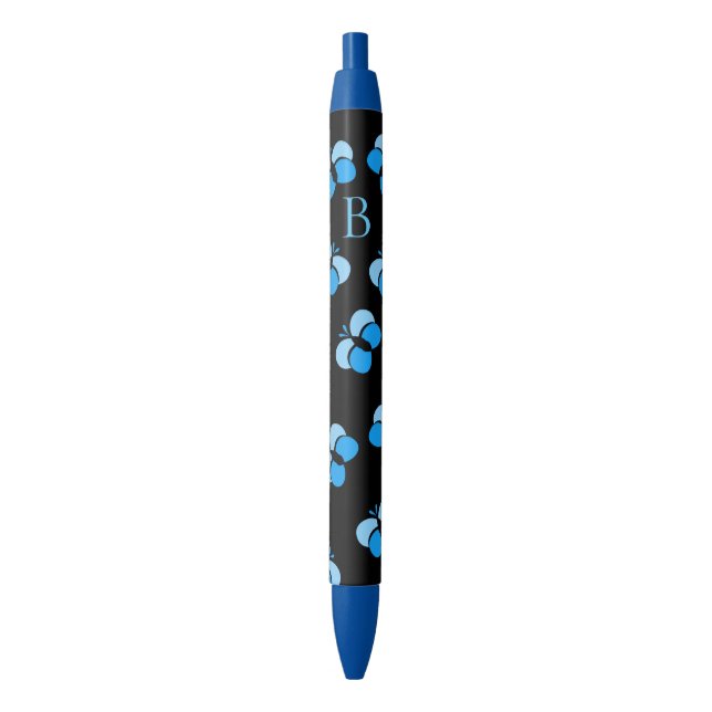 Cute Bubbly Blue Butterflies Monogram Ink Pen (Front Vertical)