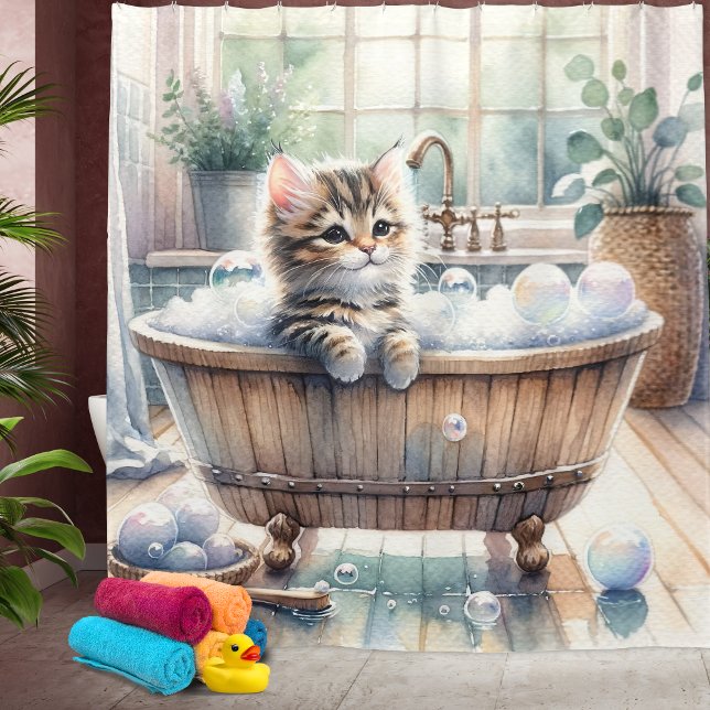 Cute Bubbly Kitten Bath Time Shower Curtain (Creator Uploaded)