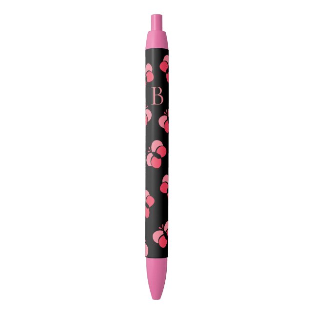 Cute Bubbly Pink Butterflies Monogram Black Ink Pen (Front Vertical)