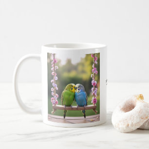 Cute Budgie Couple Snuggling Customized Name Coffee Mug