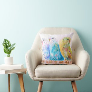 Cute Budgie Watercolor Painting Budgies On Branch Cushion