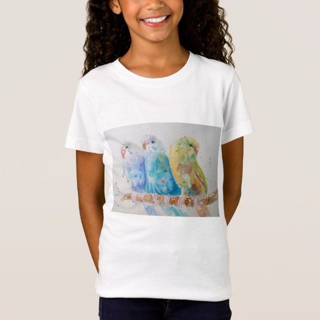 Cute Budgie Whimsical Watercolor Girls T Shirt (Front)