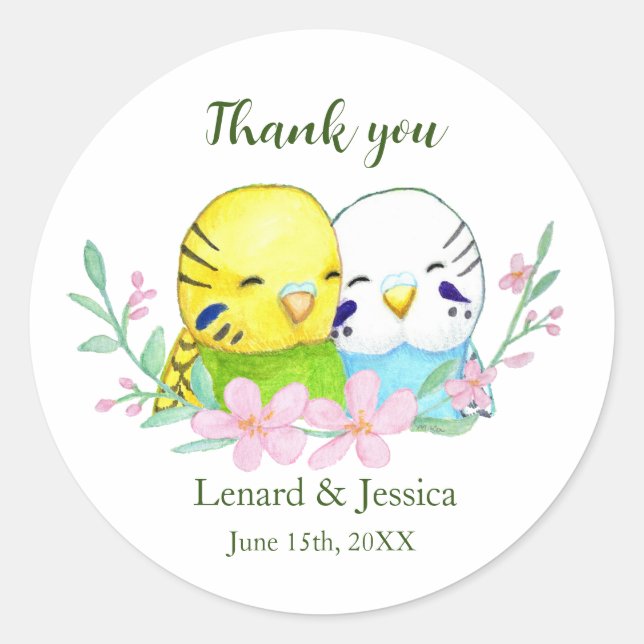Cute Budgies Couple Custom Wedding Favor gift Classic Round Sticker (Front)