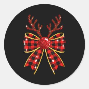 Cute Buffalo Plaid Coquette Bow Reindeer Christmas Classic Round Sticker