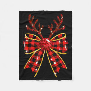 Cute Buffalo Plaid Coquette Bow Reindeer Christmas Fleece Blanket