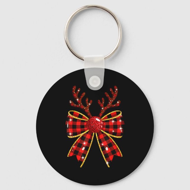 Cute Buffalo Plaid Coquette Bow Reindeer Christmas Key Ring (Front)