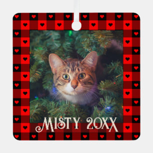 Cute Buffalo Plaid Hearts Custom Cat Pet Christmas Metal Tree Decoration
