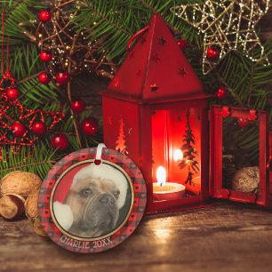 Cute Buffalo Plaid Hearts Custom Dog Pet Christmas Glass Tree Decoration