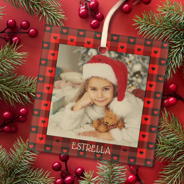 Cute Buffalo Plaid Hearts Personalised Christmas Glass Tree Decoration (Creator Uploaded)