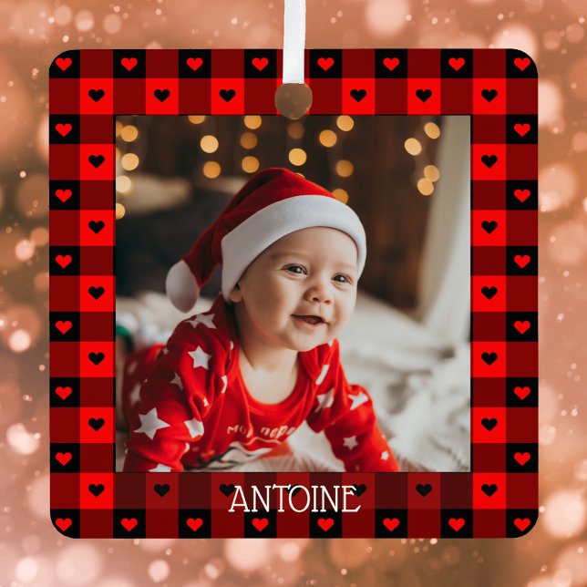 Cute Buffalo Plaid Hearts Personalised Christmas Metal Tree Decoration (Creator Uploaded)