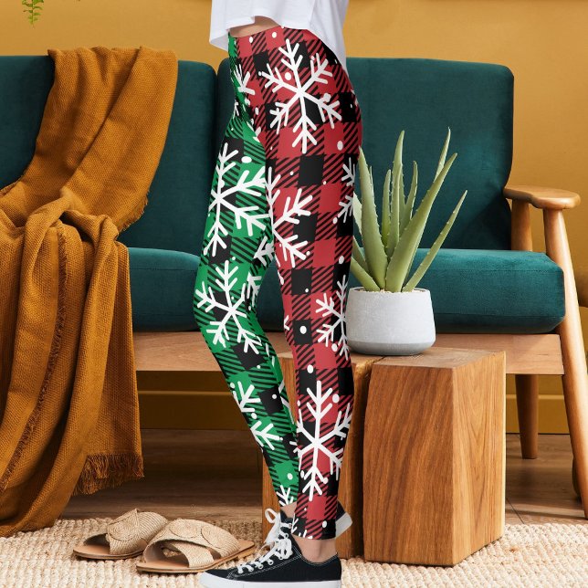 Cute Buffalo Plaid Pattern Snowflakes Christmas Leggings (Creator Uploaded)