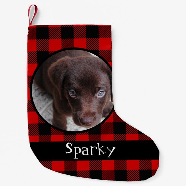 Cute Buffalo Plaid Pet Dog Cat Photo Custom Small Christmas Stocking (Front)