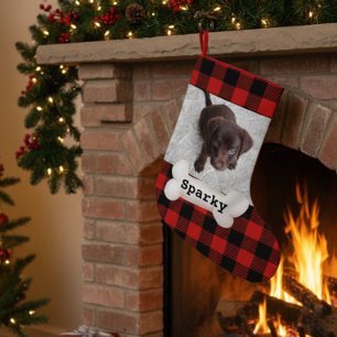 Cute Buffalo Plaid Pet Dog Photo Custom Small Christmas Stocking