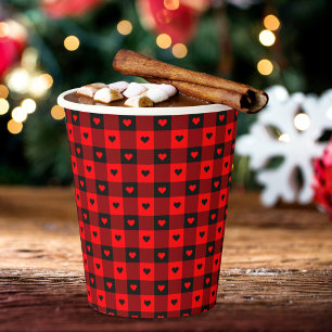 Cute Buffalo Plaid With Hearts Black & Red Rustic Paper Cups