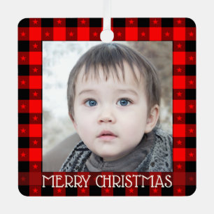 Cute Buffalo Plaid With Stars Custom Name & Photo Metal Tree Decoration