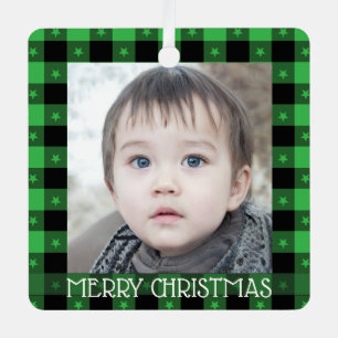 Cute Buffalo Plaid With Stars Custom Name & Photo Metal Tree Decoration