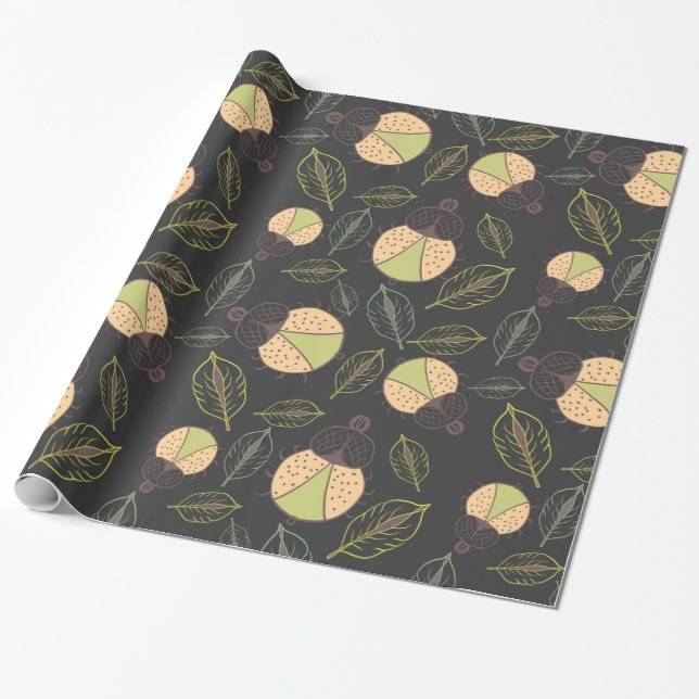 Cute bug and leaves seamless pattern wrapping paper (Unrolled)