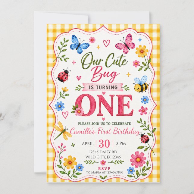Cute Bug First Girl Birthday Invitation (Front)