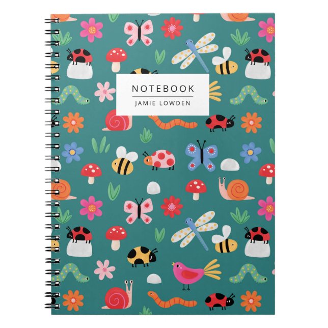 Cute Bug Pattern Notebook in Teal (Front)
