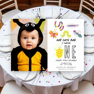Cute Bug Worm Buttefly Kids 1st Birthday Party  Invitation