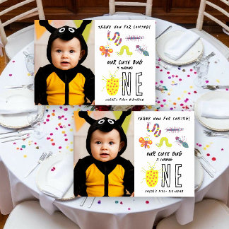 Cute Bug Worm Buttefly Kids 1st Birthday Party  Thank You Card