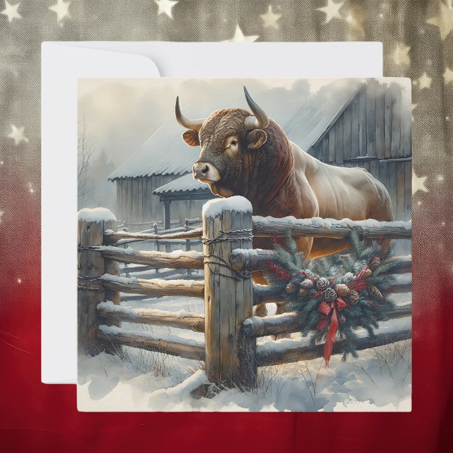 Cute Bull on a  Rustic Farm Christmas Holiday Card (Creator Uploaded)