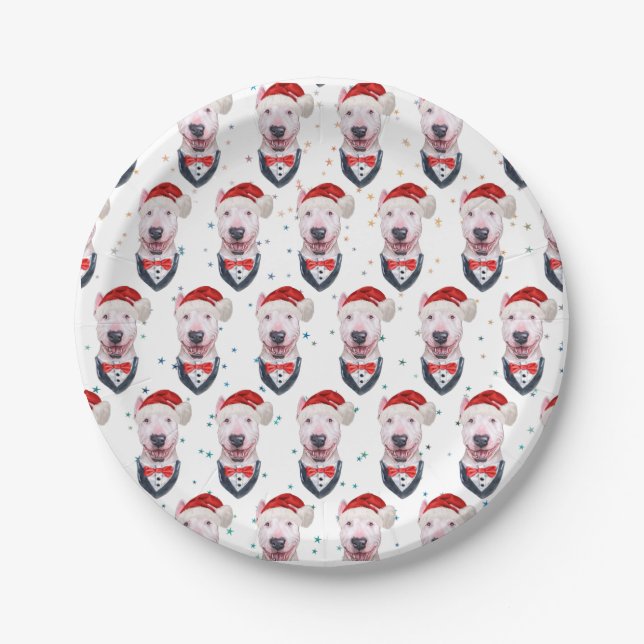 Cute Bull Terrier Dog Christmas Pattern Paper Plate (Front)